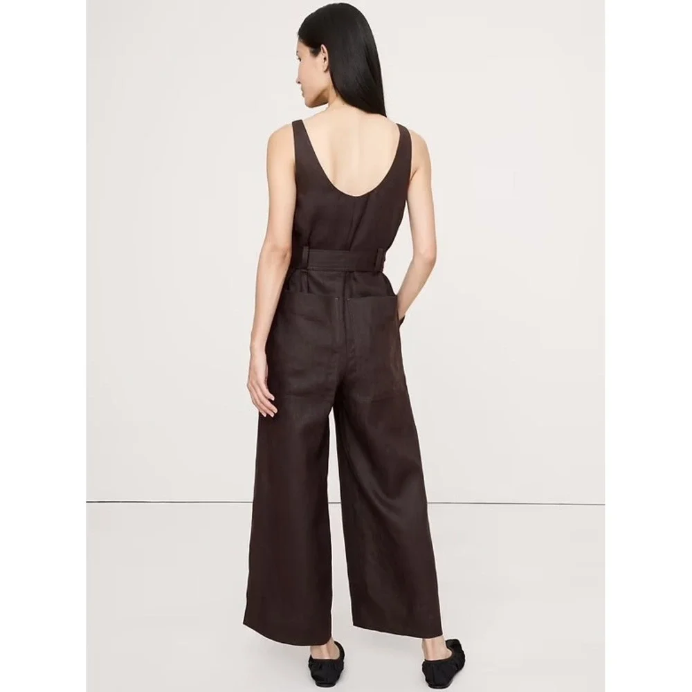 Banana Republic Black 100% Linen Wide Leg Jumpsuit Petite 12‎ Scoop Neck Pockets